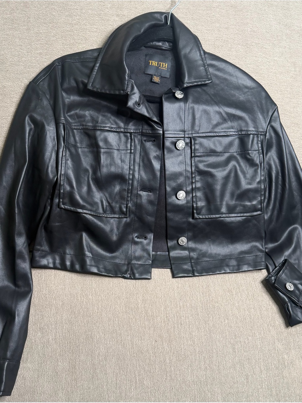 Truth Black Faux Leather Cropped Jacket with Silver Buttons